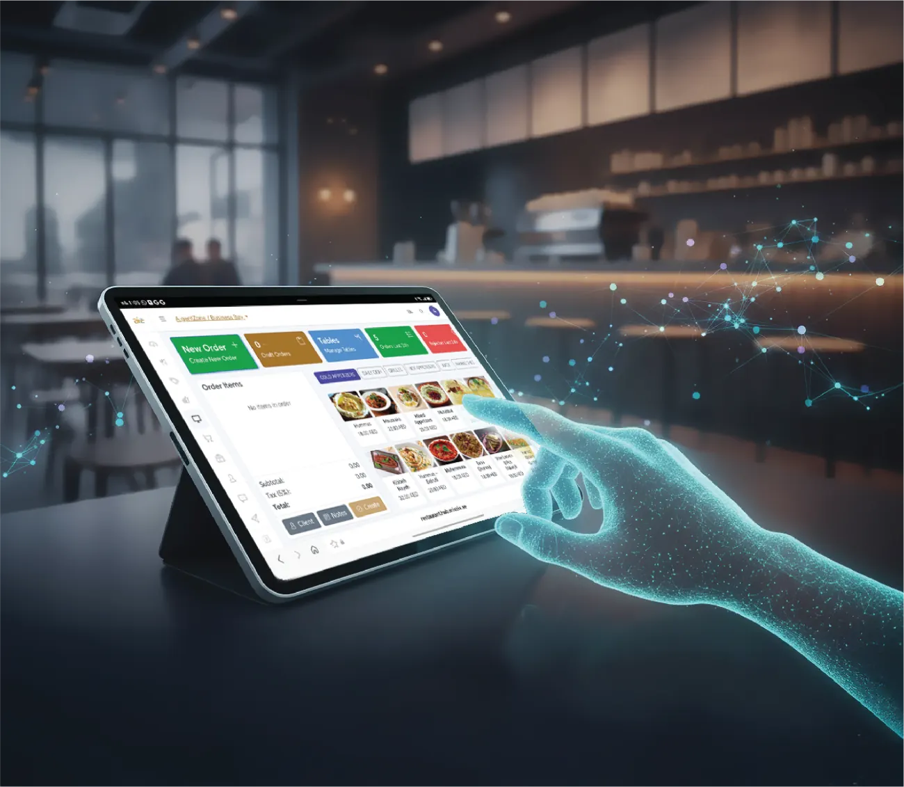 AI hand touching AigentPOS tablet screen in a restaurant