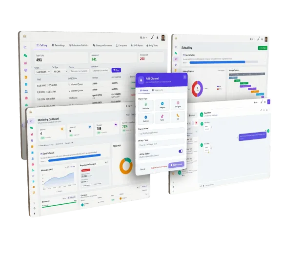 OmniLink screens — call log, scheduling, channel setup, and the monitoring dashboard