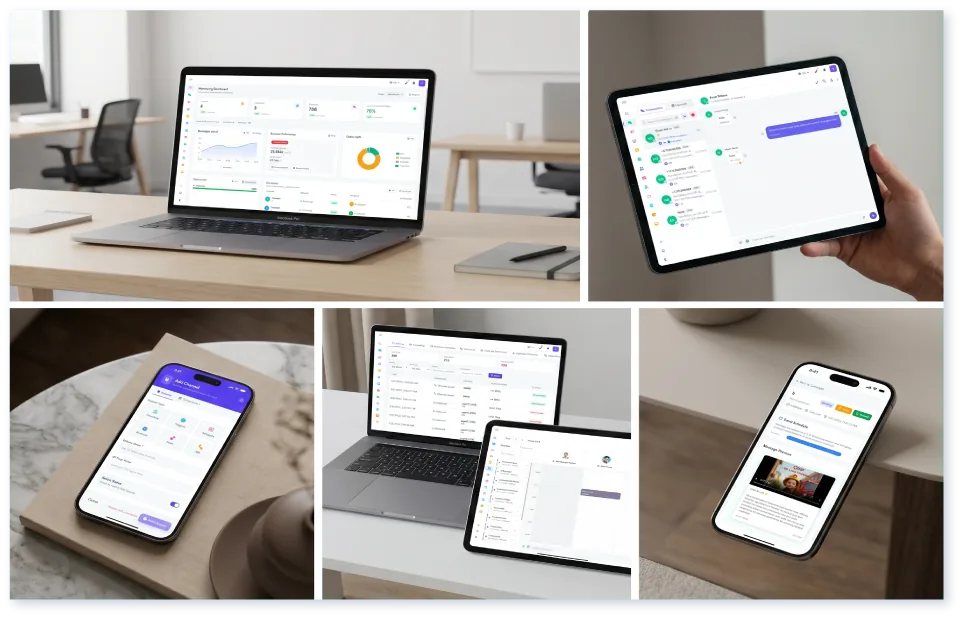 OmniLink platform on desktop, tablet, and mobile — one organized customer operations workspace